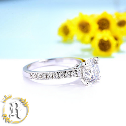Round Solitaire Moissanite Engagement Ring With a Pavé Moissanite Band- Sterling Silver By Robinhood Jewelry
