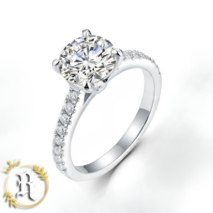 Round Solitaire Moissanite Engagement Ring With a Pavé Moissanite Band- Sterling Silver By Robinhood Jewelry
