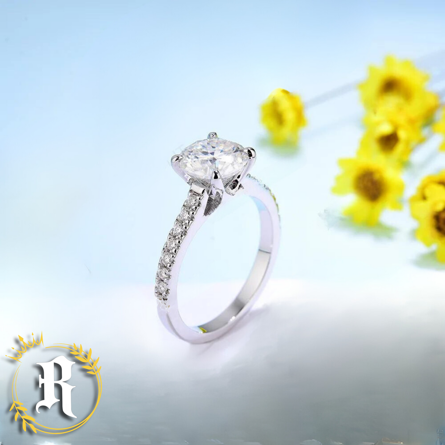 Round Solitaire Moissanite Engagement Ring With a Pavé Moissanite Band- Sterling Silver By Robinhood Jewelry