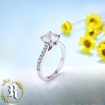 Round Solitaire Moissanite Engagement Ring With a Pavé Moissanite Band- Sterling Silver By Robinhood Jewelry